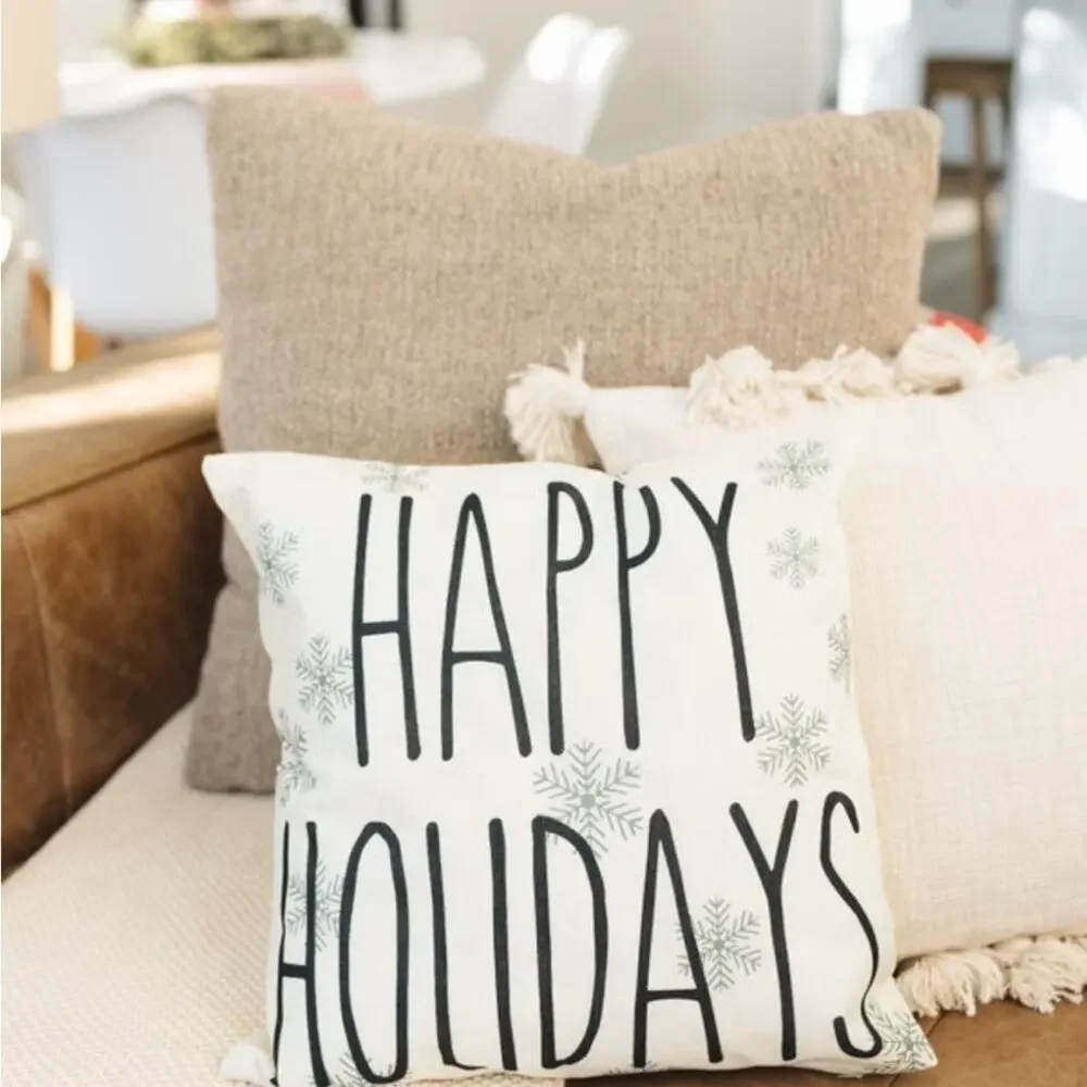 Happy Holidays Snowflake Indoor/Outdoor Winter Neutral Pillow Cover NWOT‎